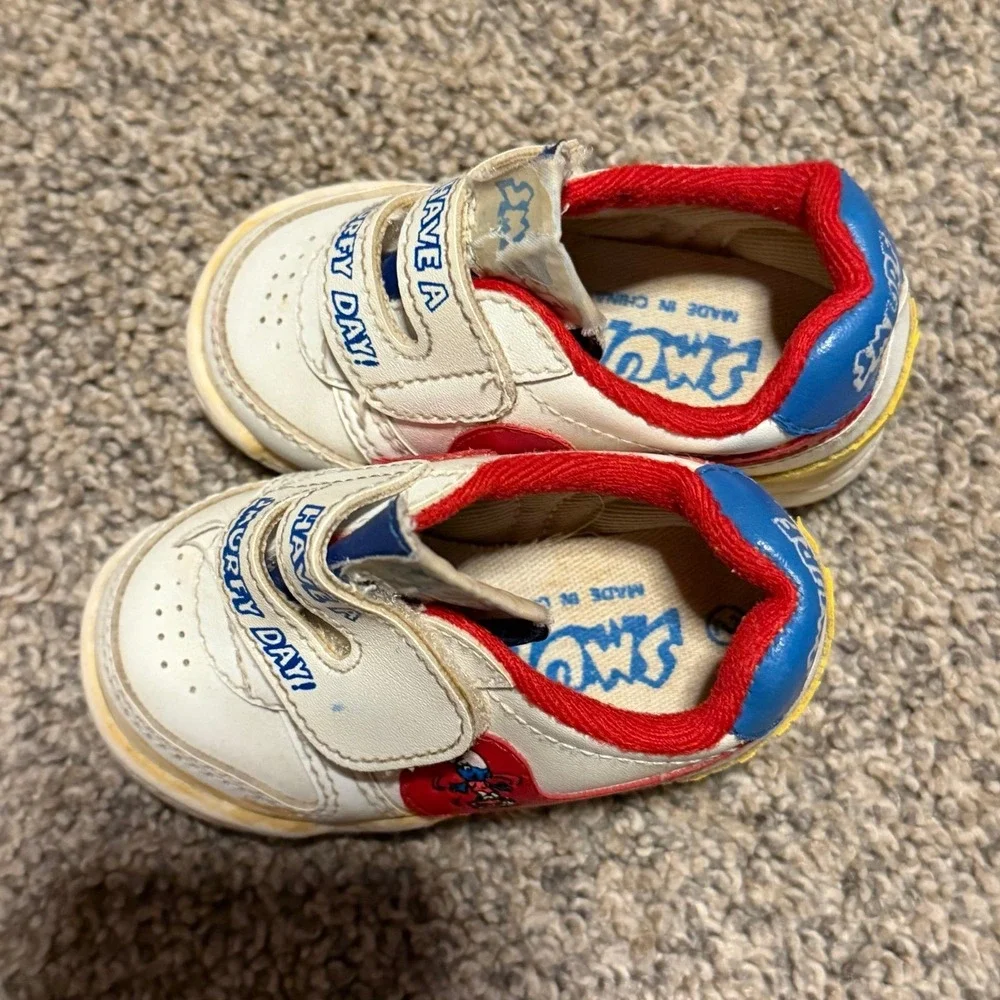 Vintage Smurfs Baby Shoes Hook Loop Sneakers Kids White Red Blue‎ Size 2